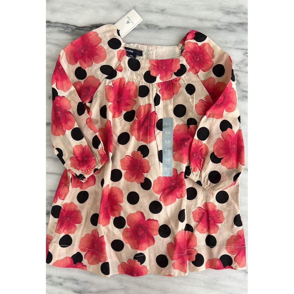 Baby Girl's Gap Floral Dress size 18 24M Cotton Pink Red Poppies Black Polka Dot